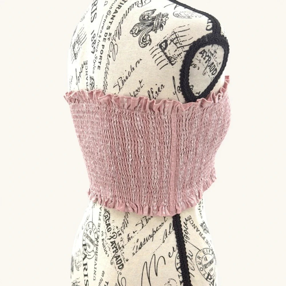 Mable Smocked Tube Top Ruffle Hem Stretch Crop Boho Pink M Coquette Coachella - Picture 2 of 7